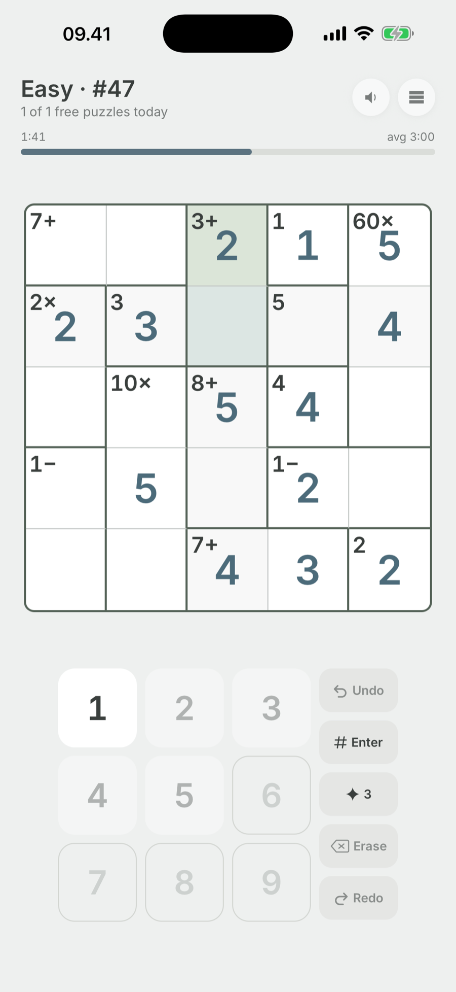 The board part-way through an Easy puzzle, in Mountain by day