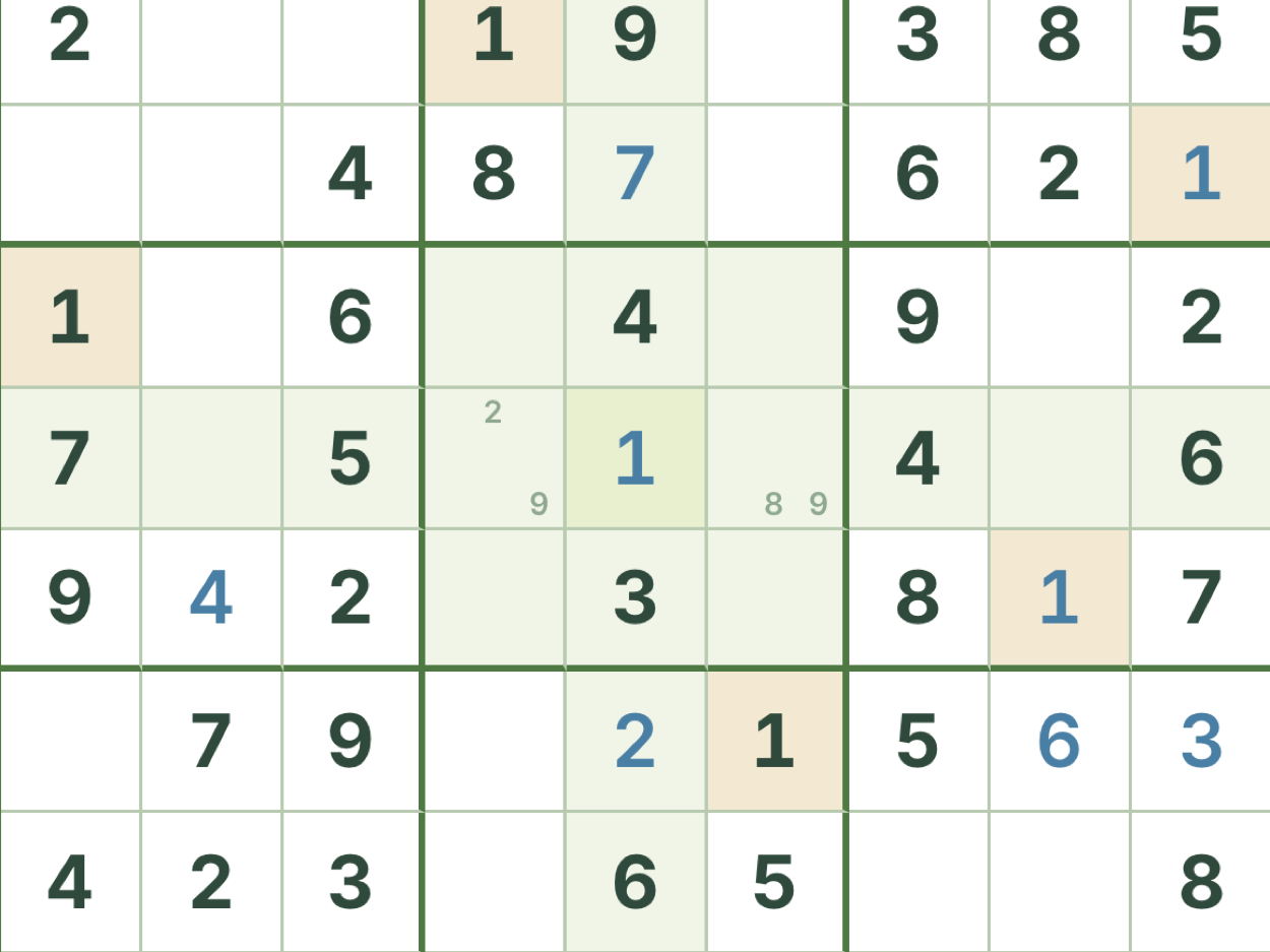 A hint answering the selected cell, with two left on the counter